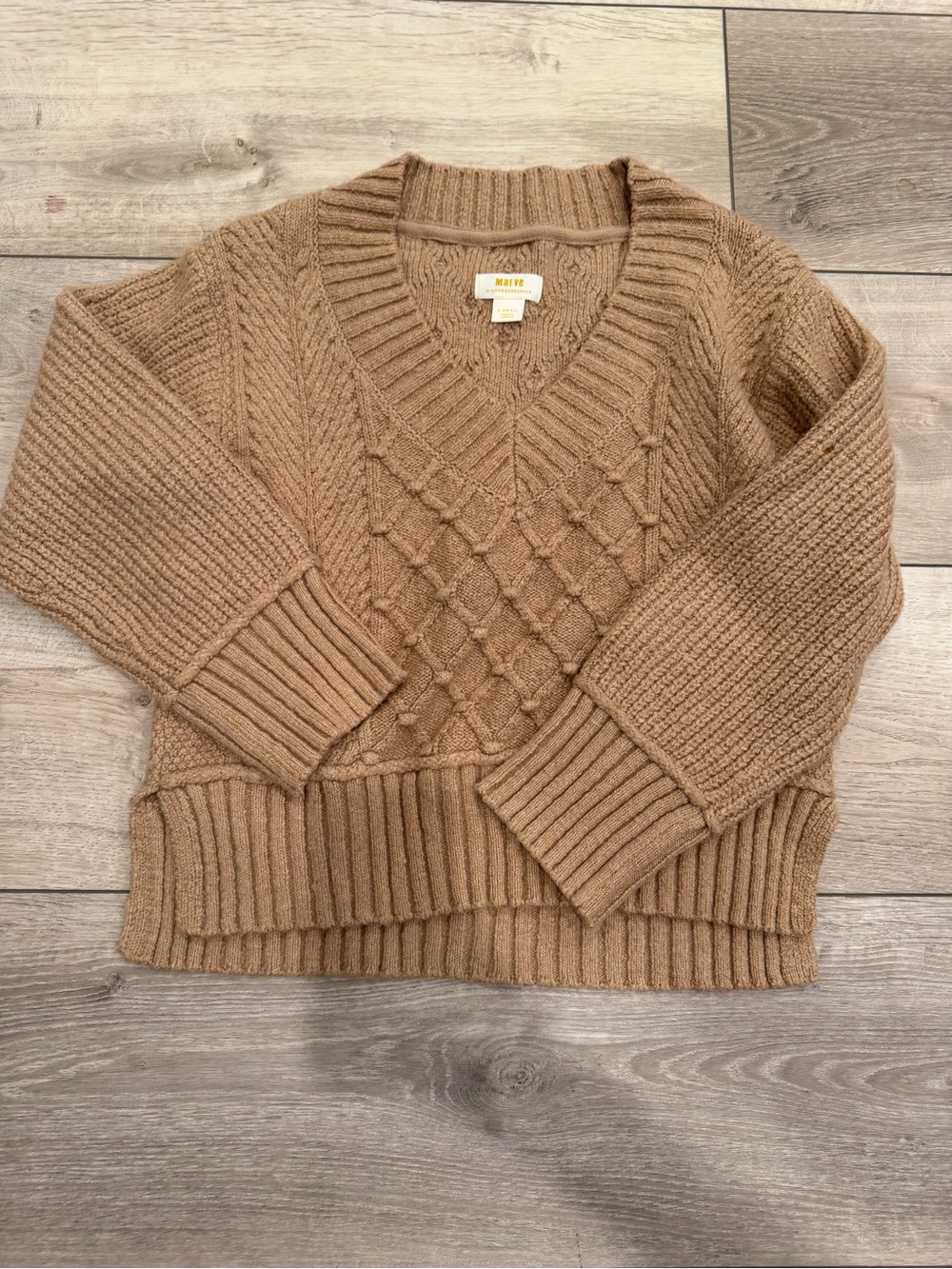 Anthropologie Camel Cable-Knit V-Neck Sweater